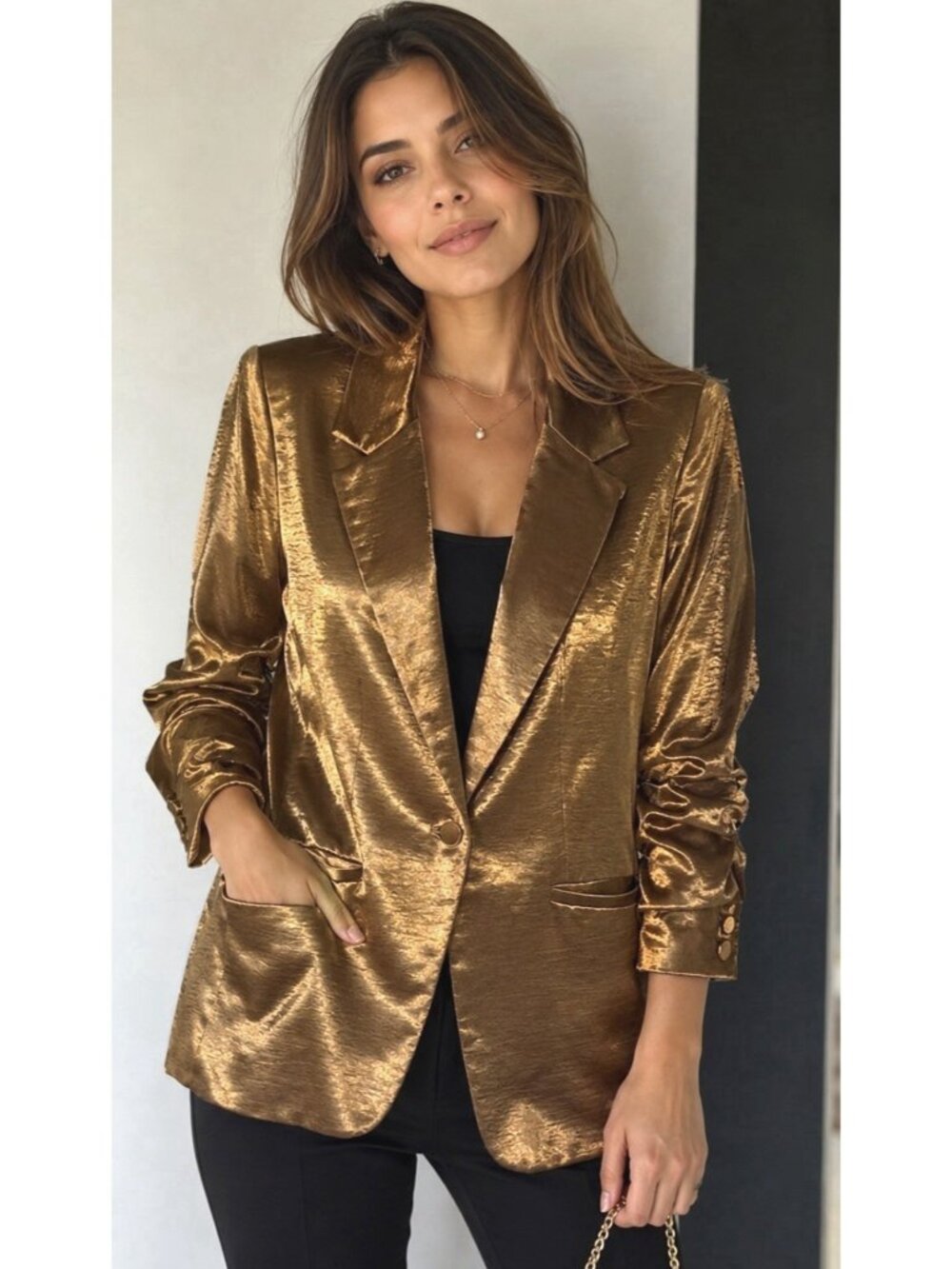 Cinq a Sept Kylie Cinnamon Satin Ruched Sleeves Blazer Jacket - Picture 2 of 12